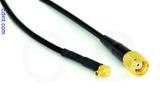 Coaxial Cable, MMCX 90 degree (right angle) plug (male contact) to SMA reverse polarity, RG174 low loss, 12 foot, 50 ohm