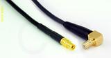 Coaxial Cable, MMCX jack (female contact) to SMB 90 degree (right angle) jack (male contact), RG174 low loss, 40 foot, 50 ohm